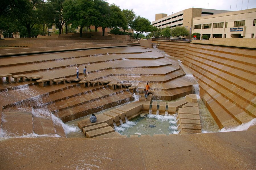 Terraced concrete pools and waterfalls at the Fort Worth Water Gardens downtown