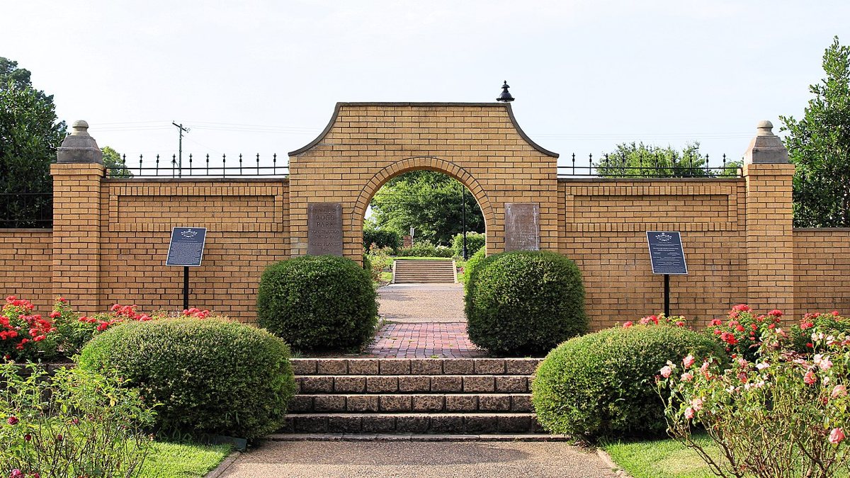 Rows of blooming rose bushes at the Tyler Municipal Rose Garden in Tyler, Texas