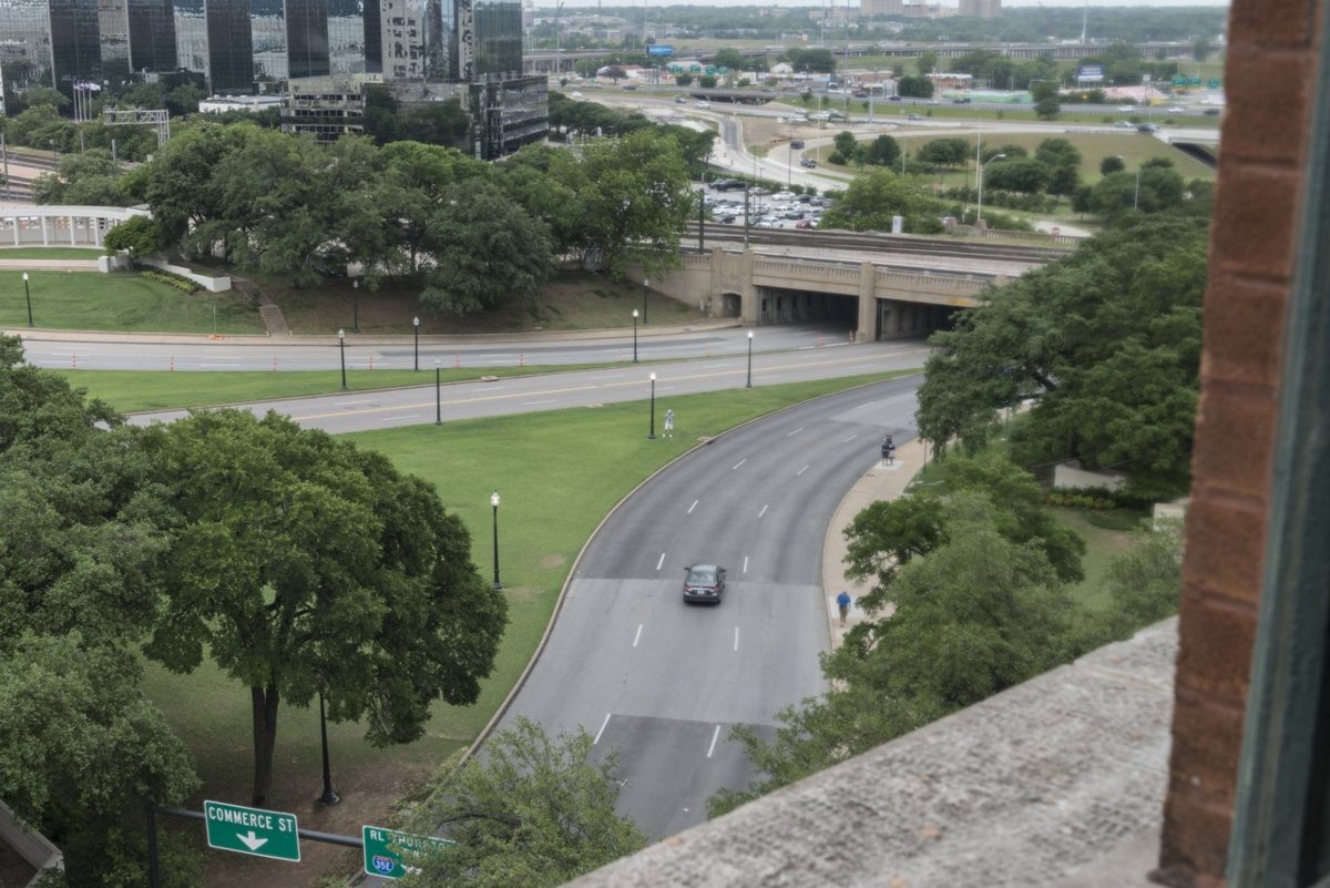 The view over Dealey Plaza from a window of the former Texas School Book Depository, now the Sixth Floor Museum