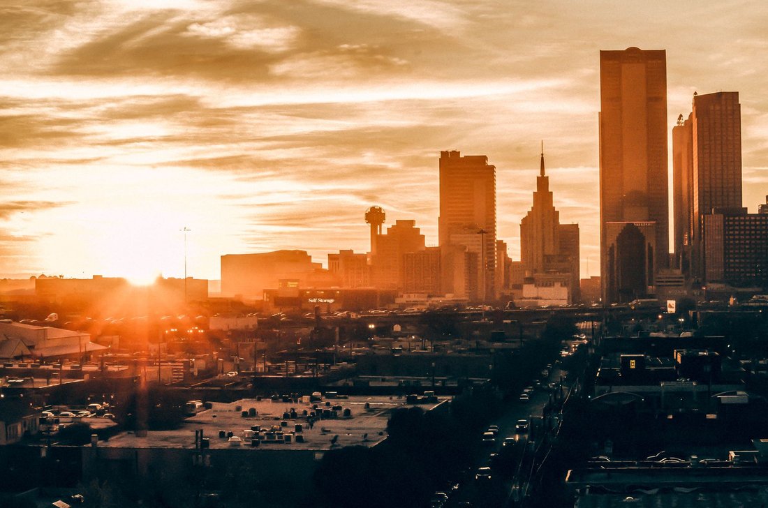 the downtown Dallas skyline at dusk